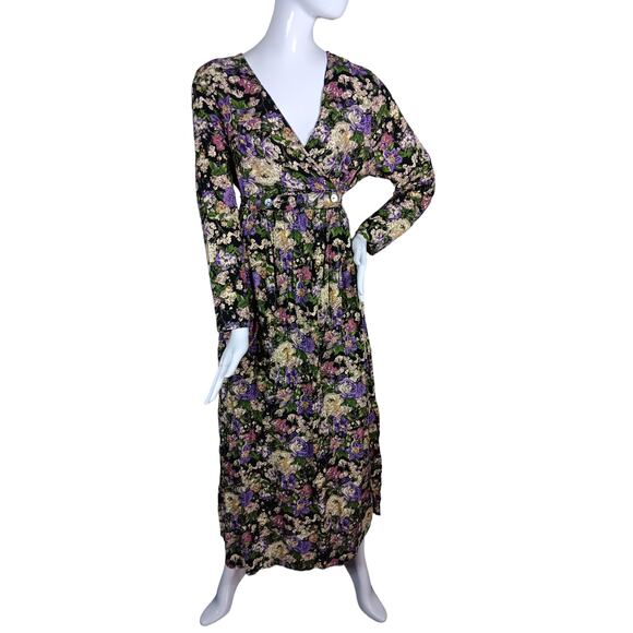 Vintage 90s Basics Floral Maxi Dress Large Long Sleeve Floral Print Purple Cream - Picture 1 of 10